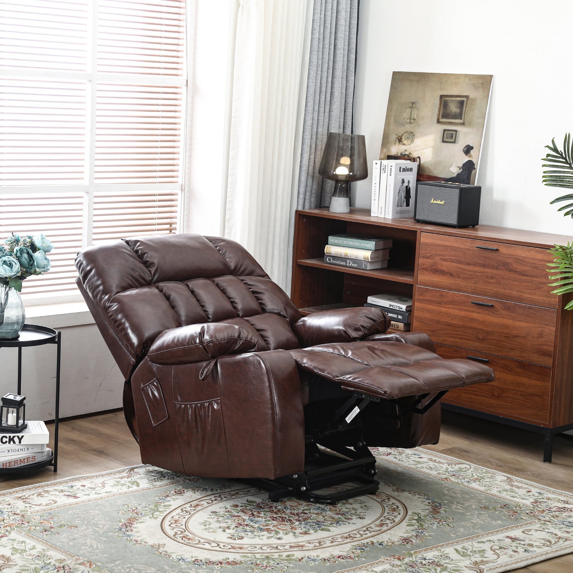 Premium Oversized Recliner Chair, 26 Inch Extra Wide Seat Recliner for Big and Tall, Large Power Lift Chair with Heat and Massage, Brown Leather
