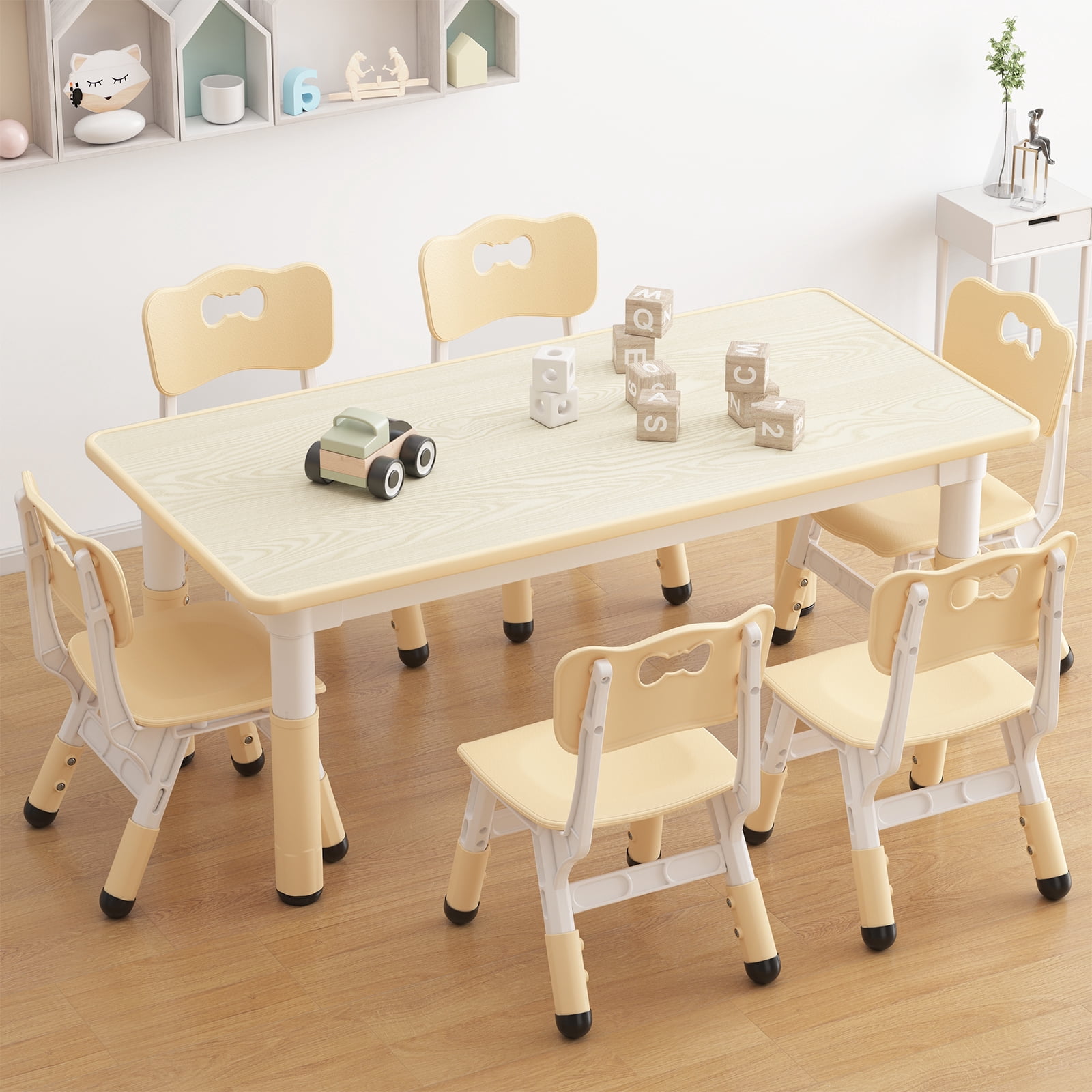 Kids Table and 6 Chairs Set, Height Adjustable Toddler Table and Chair Set, Graffiti Desktop, Children Study Table for 6 for Home Daycare Preschool for Ages 2-10