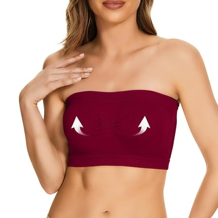 Rlmidhb Women s Strapless Bra Strappy Strapless Sleeveless Bandeau Bra Solid Color Bra with Built in Bra Wine