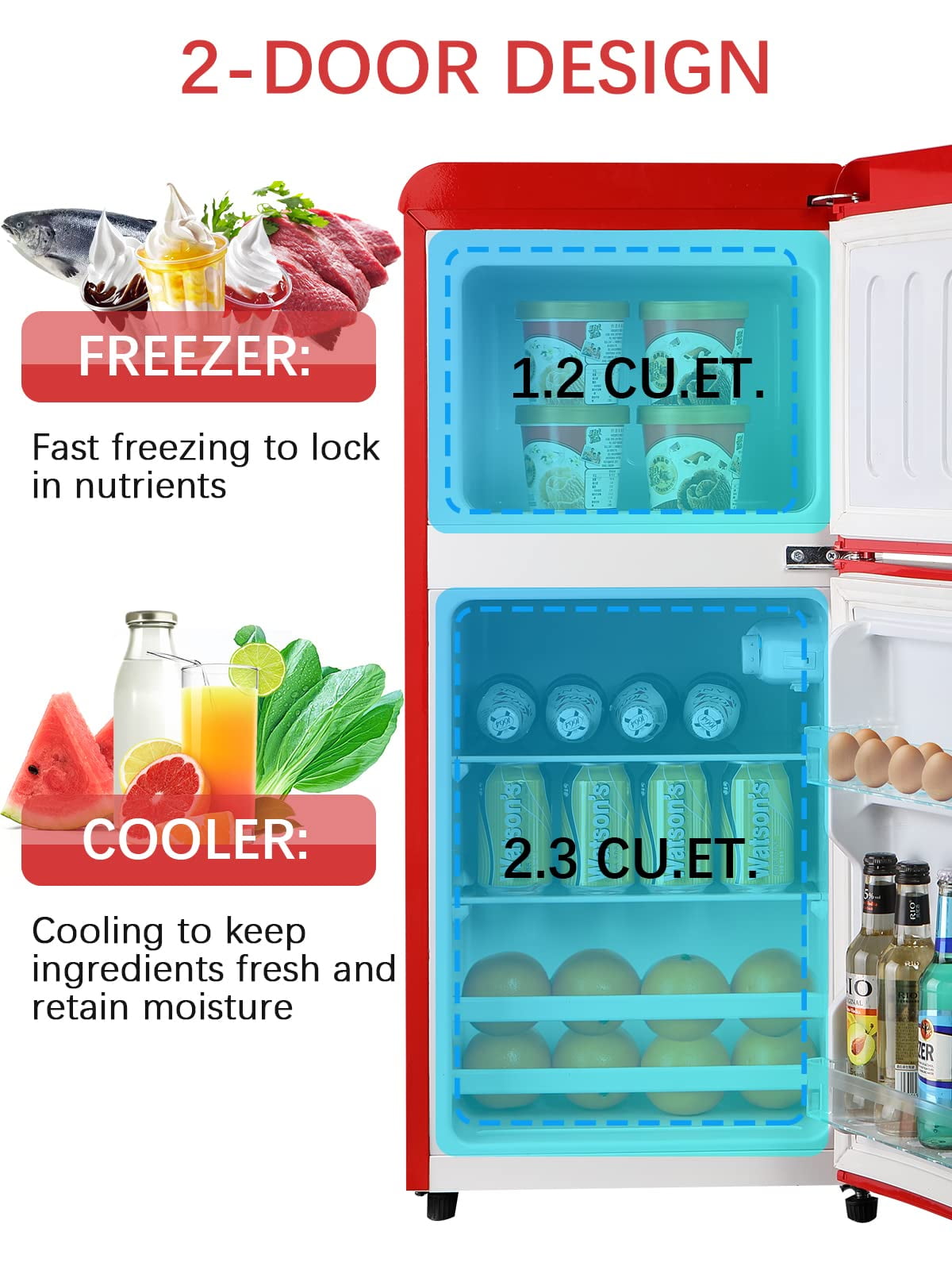 GGTB 3.0 cu.ft Mini Fridge with Freezer, Compact Double Door Refrigerator, 7-Temp Settings, Removable Shelves for Dorm, Apartment, Office, Red