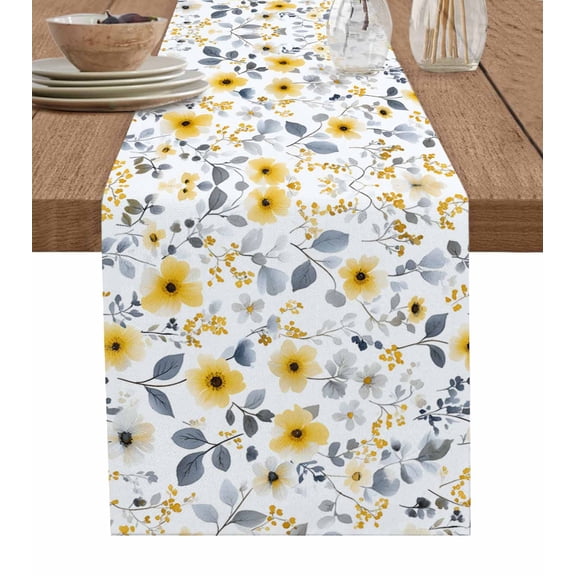 Yellow Floral Spring Table Runner 72 Inches, Pastoral Gray Summer Botanical Bed Runner Dresser Scarves Tabletop for Indoor Outdoor Parties/Ceremony/Banquet, 14" x 72"
