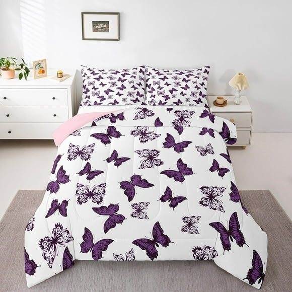 Purple Butterfly Queen Comforter Set Bohemian Exotic Printed Bedding Sets Boho Gothic Bedding Comforter Sets Vintage Victorian Baroque Down Comforter Western Farmhouse Bed Set