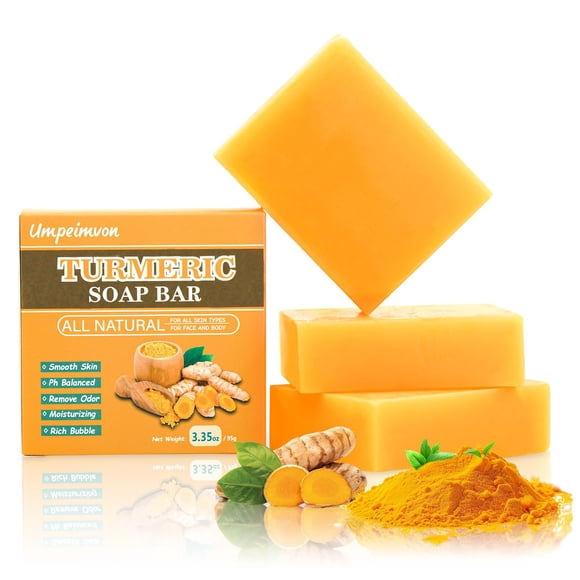 Umpeimvon Paquete de 3 barras de jabón de cúrcuma para limpiador facial y corporal, piel suave e hidratante, jabón de piel de cúrcuma natural, jabón de jengibre orgánico hecho a mano, para todo tipo d