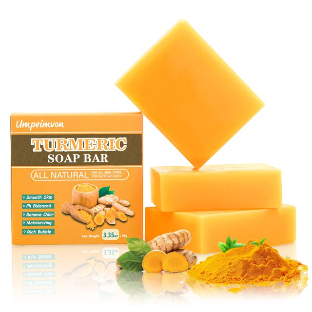 Umpeimvon Paquete de 3 barras de jabón de cúrcuma para limpiador facial y corporal, piel suave e hidratante, jabón de piel de cúrcuma natural, jabón de jengibre orgánico hecho a mano, para todo tipo d
