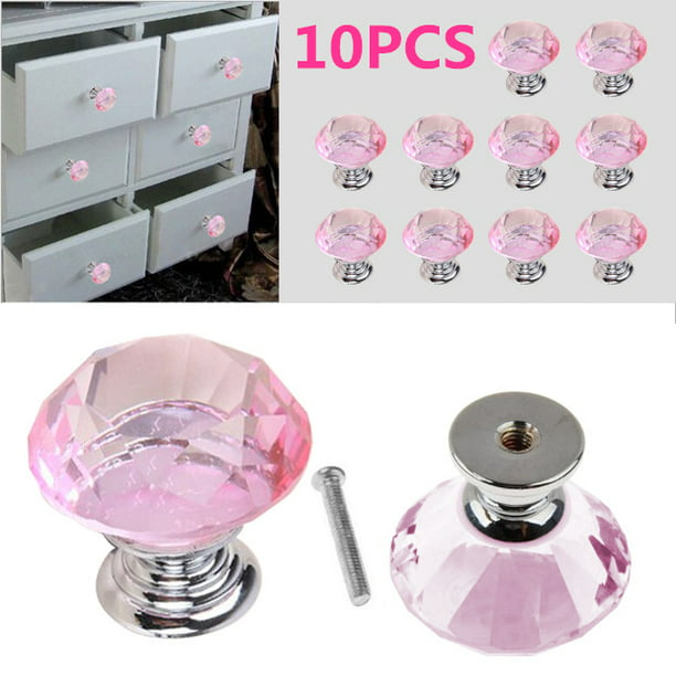 10 Pcs 30mm Pink Diamond Crystal Knobs Glass Cupboard Cabinet