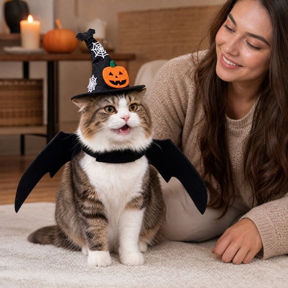Cat Halloween, Halloween for Cats with Pet Bat Wings and Felt Pet Hat, Halloween Pet Outfit Set for Small Cats Halloween Party Decoration, 1 Pack