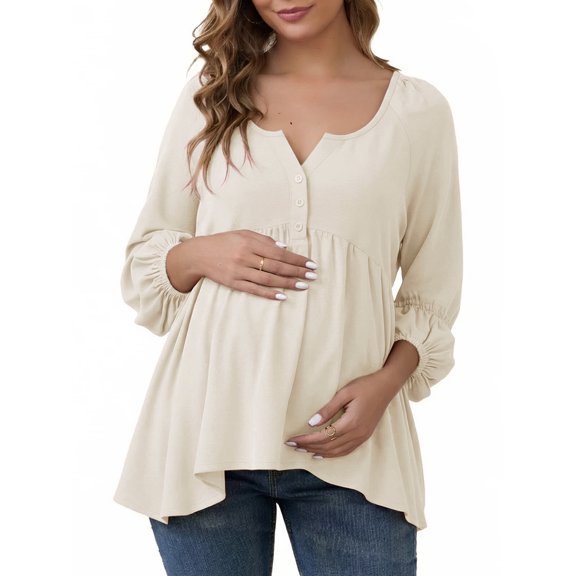 DARING DIVA Women's Maternity Empire Waist Babydoll Lantern Sleeve Blouse S Beige