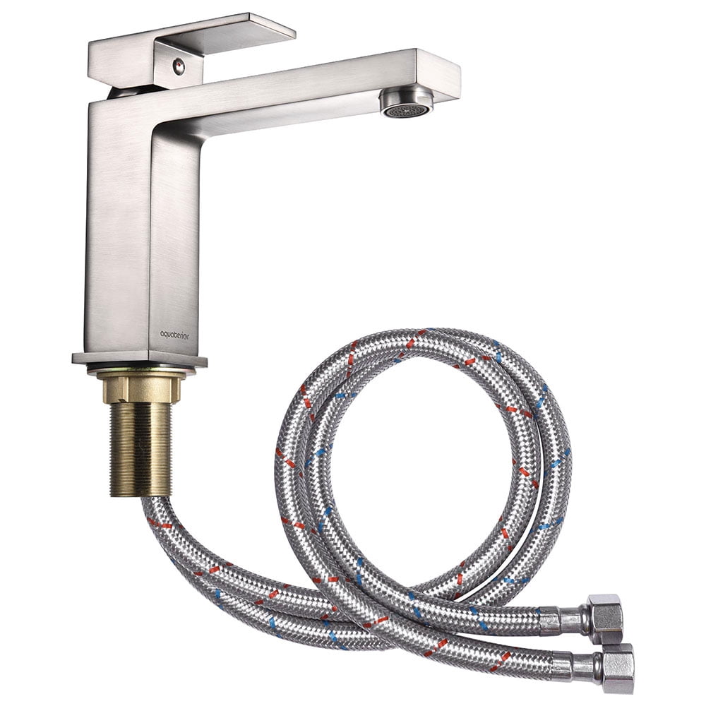 Aquaterior 1 Hole Bathroom Sink Faucet Square 1 Handle Cold & Hot Water Nickel 3.2 lbs