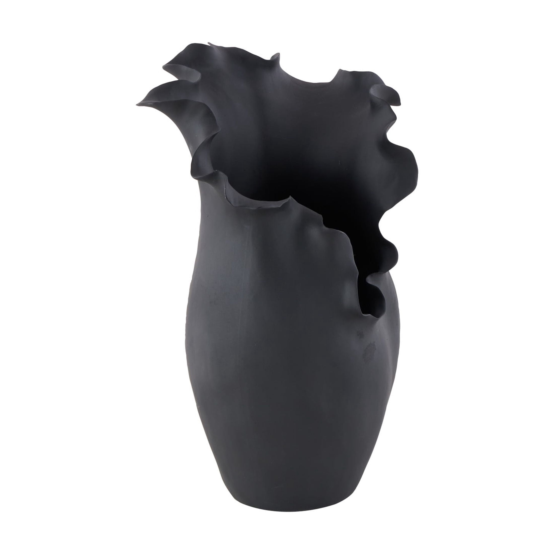 DecMode 16" Abstract Floral Inspired Black Ceramic Vase with Wavy Folded Rim