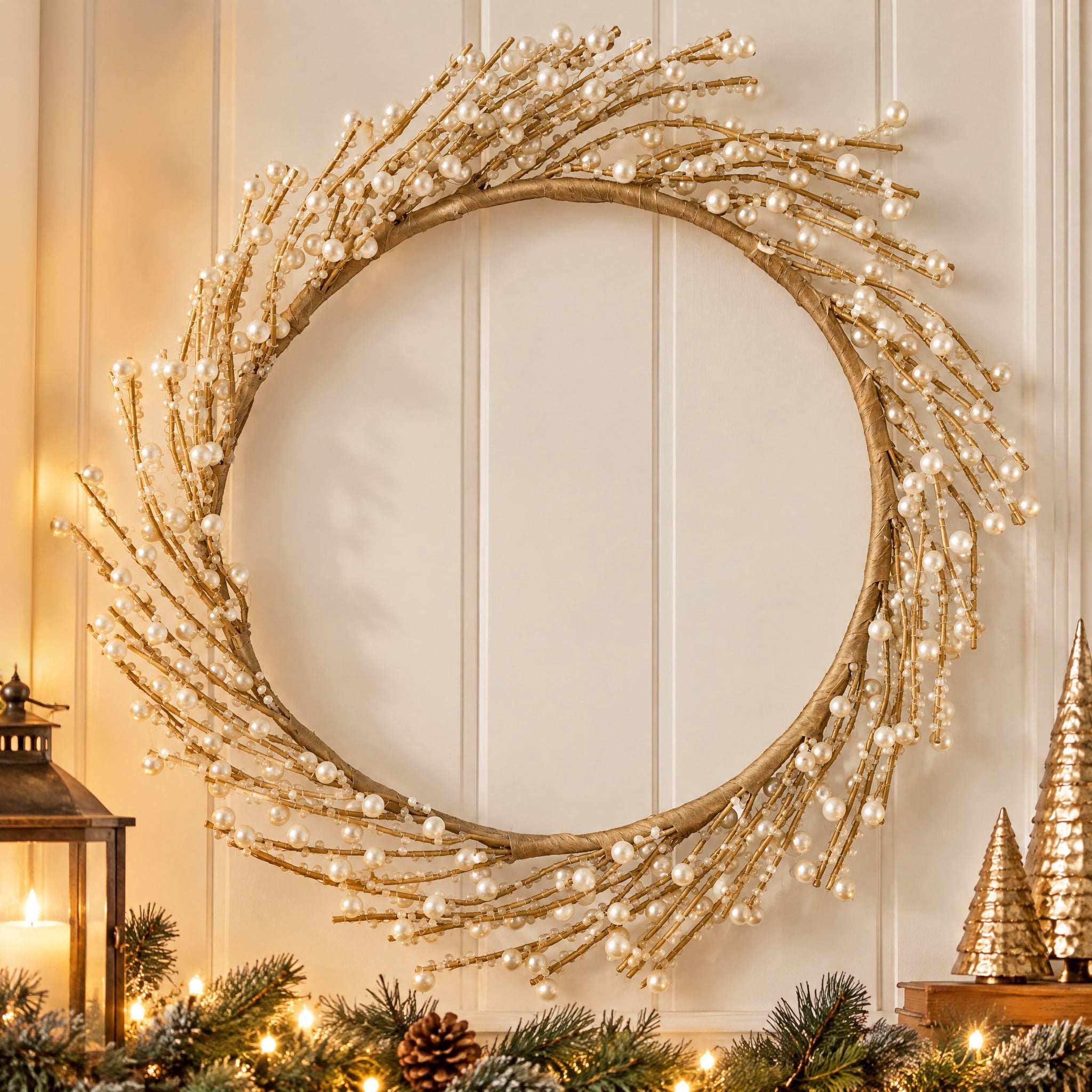 My Texas House Pearl Beaded Christmas Wreath, White and Gold, 12"