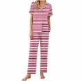 thumbnail image 2 of Cavosen Ladies Pajamas Sets Button down 2 Piece Soft Nightwear Short Sleeve Collared Tops Long Pants Sleepwear Striped Loungewear with Pocket Casual Home Pjs Outfits Red M, 2 of 6