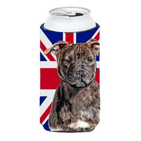 

Staffordshire Bull Terrier Staffie With English Union Jack British Flag Tall Boy bottle sleeve Hugger - 22 To 24 Oz.