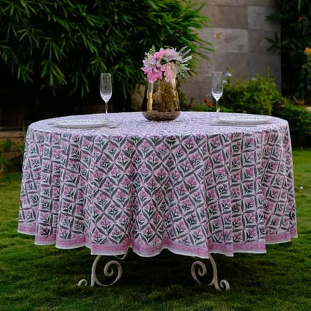 

Pink And Green Round Table Cloth Hand Block Print Tablecloth Block Print Floral Cotton Table Cover