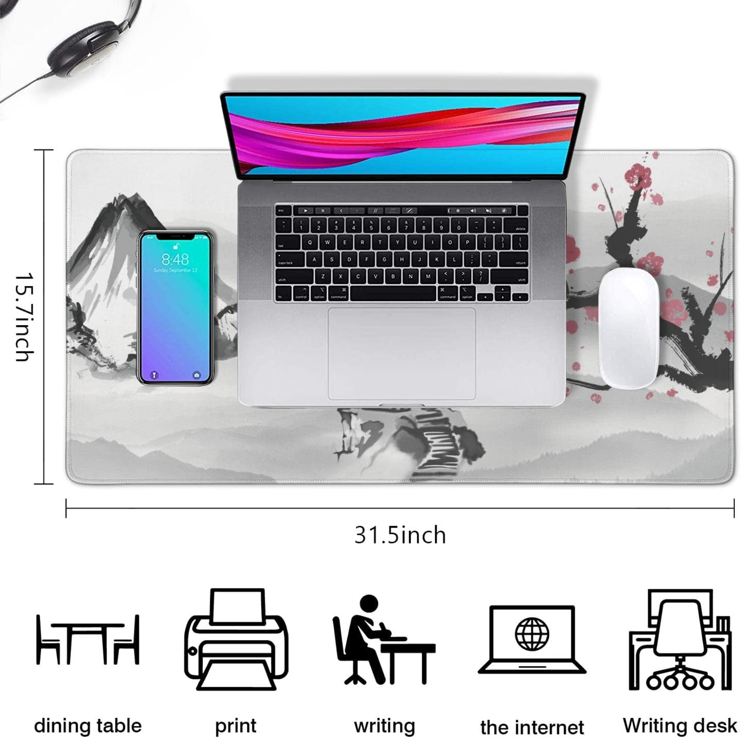 Cherry Blossom Mouse Pad (31.5x15.7 in) White Extended Gaming Mouse Pad Large Japanese Non-Slip Rubber Base Desk Protector with Stitched Edges Sakura Full Desk Mousepad XXL