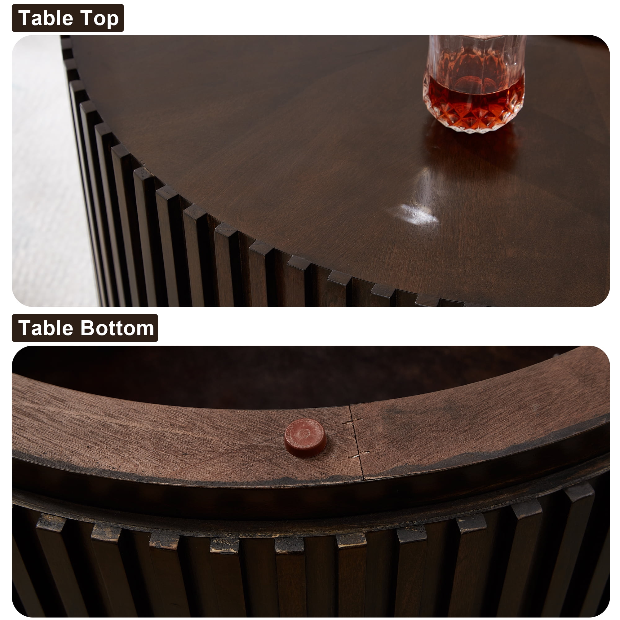 Gexpusm Round Coffee Table, Solid Wood Center Table for Living Room, Circle Drum Coffee Table with Handcrafted Relief, Chocolate