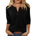 thumbnail image 2 of Qwertyu Womens Tops 3/4 Length Sleeve V Neck Loose Casual Button T Shirts Summer Basic Tees Black S, 2 of 5