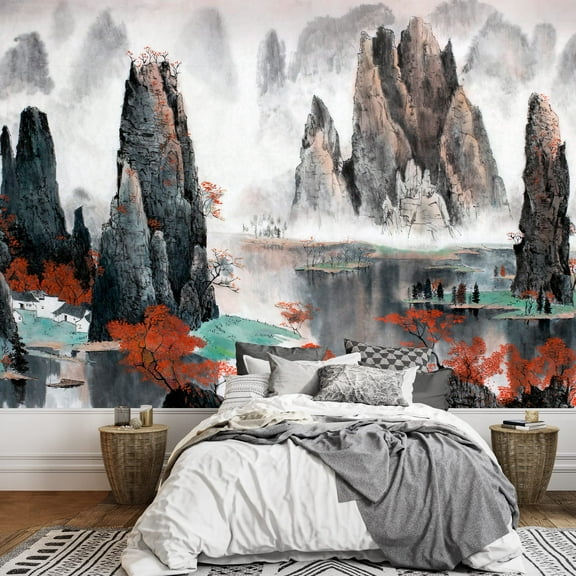 wall26 - Chinese Landscape Misty Mountains and Water - Removable Wall Mural | Self-Adhesive Large Wallpaper - 100x144 inches