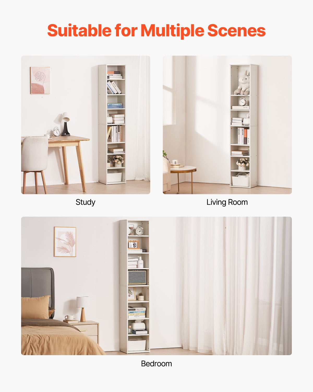 KFFKFF 8-Level Slim Bookcase, 71-inch Wood-Based Tall Open Shelving Unit with Flexible Shelf Height, Independent Floor Standing Storage Display Bookshelf for Study, Bedroom, Lounge, in White
