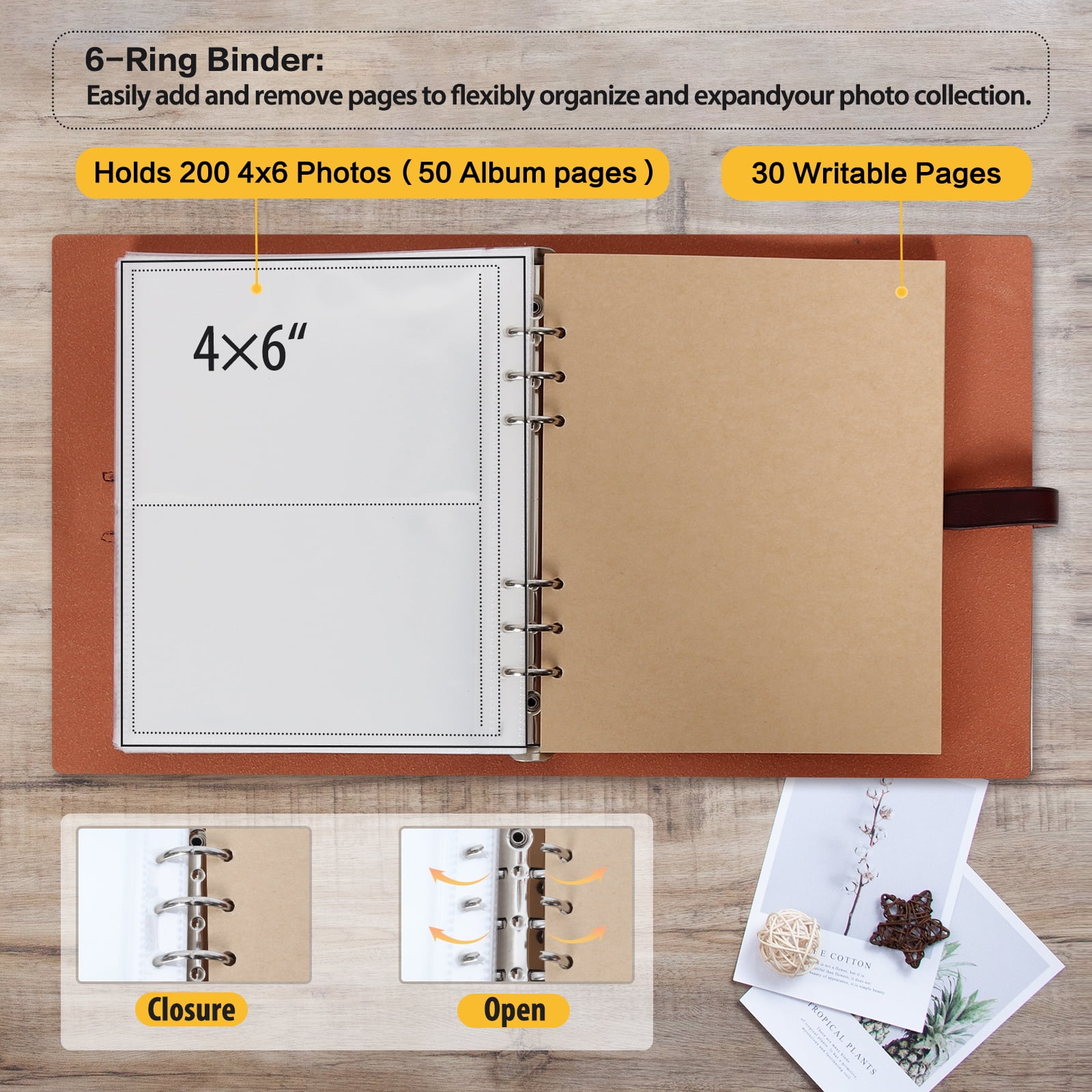 RECUTMS Photo Album Hold 4x6 200 Photos Thick Leather Cover Picture Album with 30 Writing Paper Scrapbook Memory Book Birthday Anniversary (Brown)