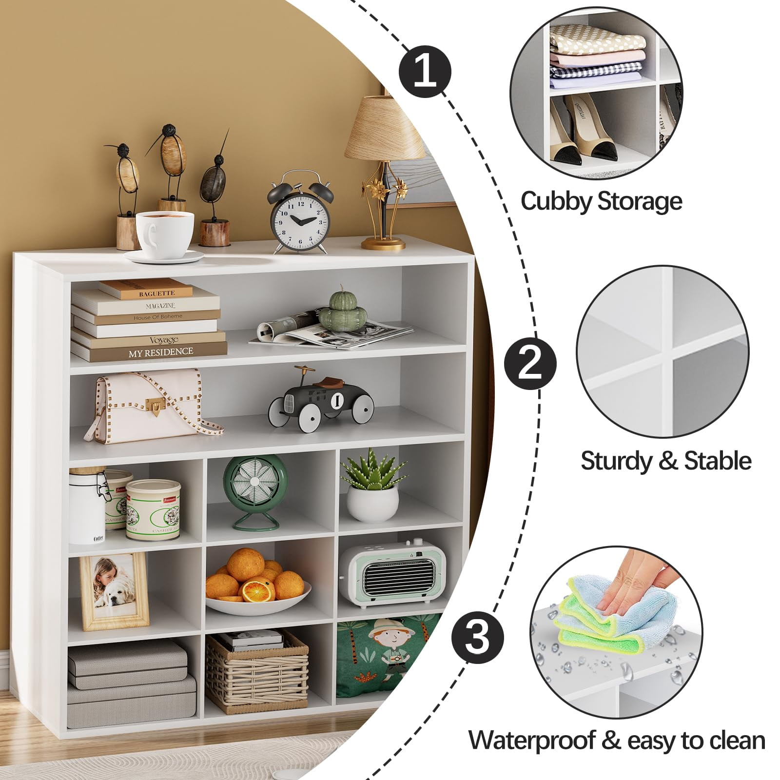 hoe Rack Organizer, 5-Tier Wood Cubby Shoe Rack with 2 Storage Shelf and 9 Cubbies, Shoe Organizer Cabinet for Entryway, Hallway, Closet and Garage, White
