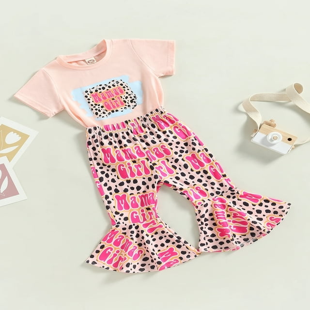 T-shirt à Manches Courtes Col Rond Imprimé Lettres avec Bottes Pantalon Évasé Imprimé pour Petite Fille