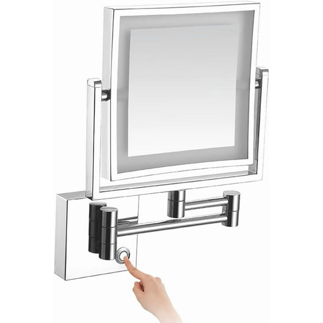 Square Lighted Makeup Mirror Wall Mount With Magnification, 1/3X Brass Zirconium Gold Magnifying Mirror Wall Mounted,Touch Stepless Dimming LED Lighted Makeup Mirror,Hardwired,Rose Gold,Silver,Plugin
