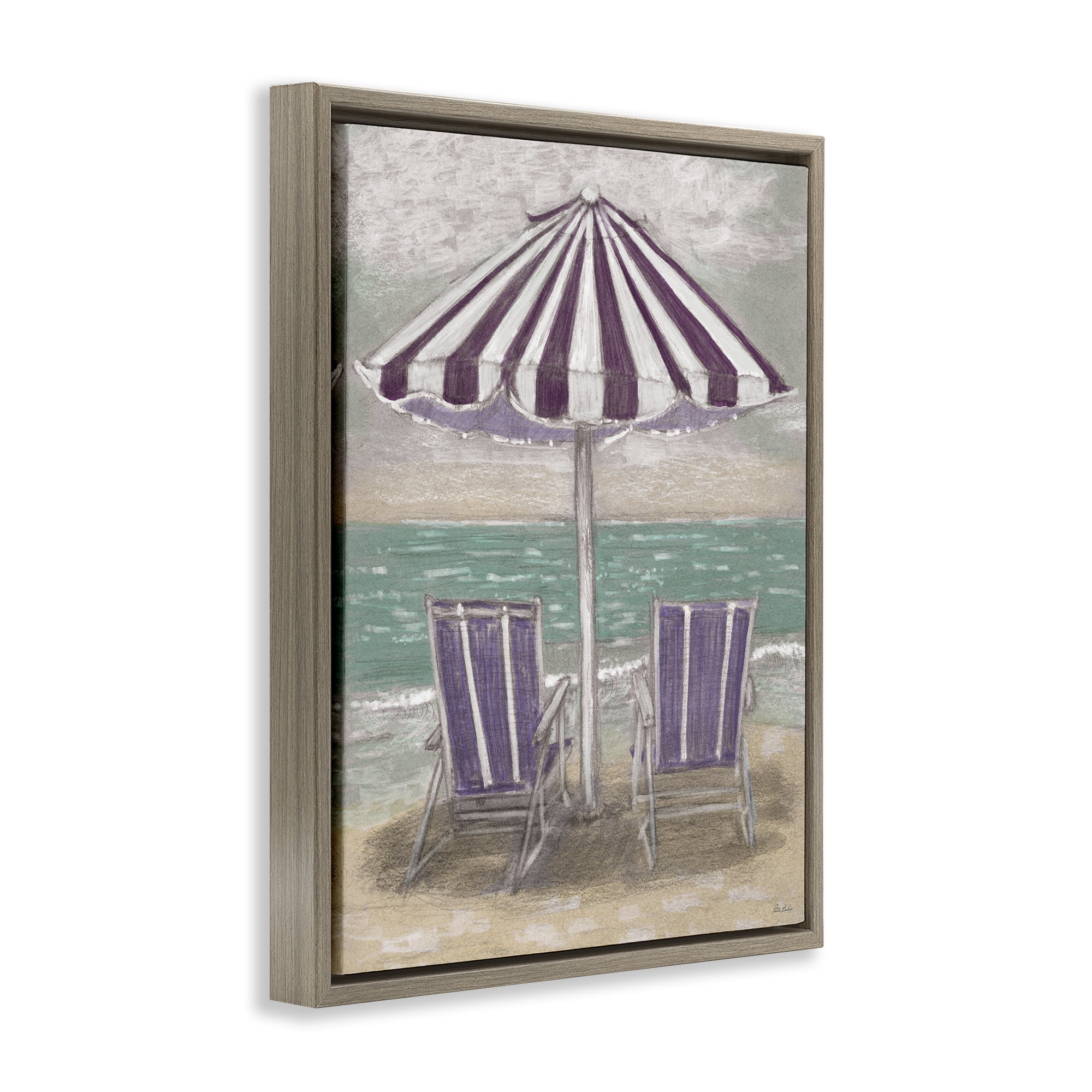 Stupell Industries Umbrella & Chairs on Beach Brown Framed Floater Canvas Wall Art, design by Patti Bishop