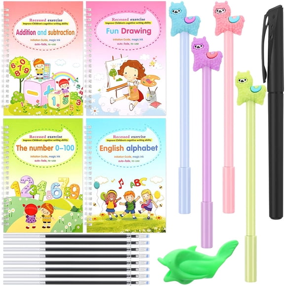 4 Pieces Magic Practice Copybook with Pen English Practice Copy Book Handwriting Magic Writing Paste Board for Before School Kids, Number Math Alphabet Drawing Magic Calligraphy