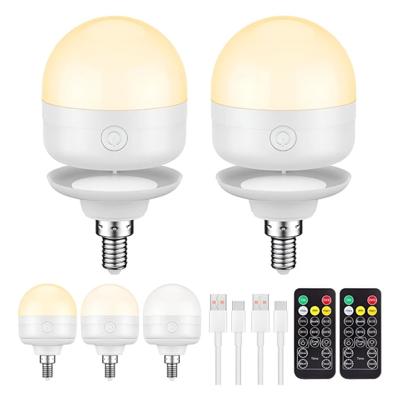 HIBIBUD 2Packs E12 Rechargeable Light Bulbs with Remote Control Timer and 3 Color Temperature Options,Battery Operated Light Bulb Magnetically Dimmer for Non-Hardwired Detachable (5W E12 3Colors 2PC)