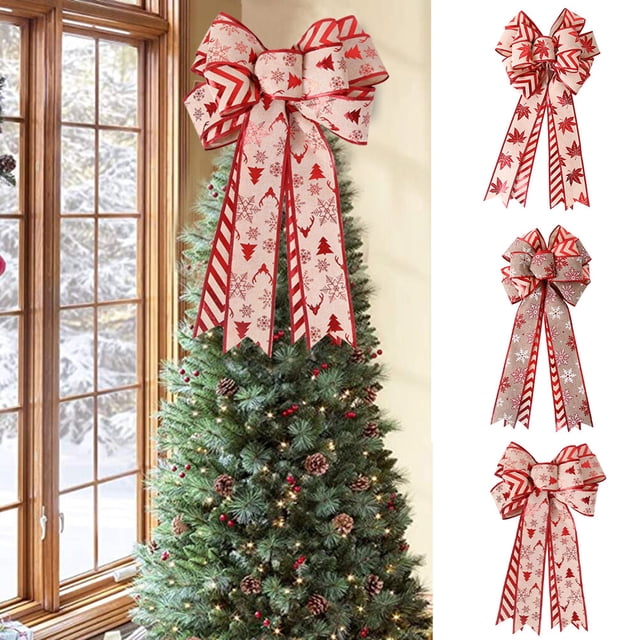 Lazo decorativo de color caqui con copos de nieve, lazo de lino de doble capa para Navidad, lazo de lino para Navidad, lazo navideño de rendimiento comprobado