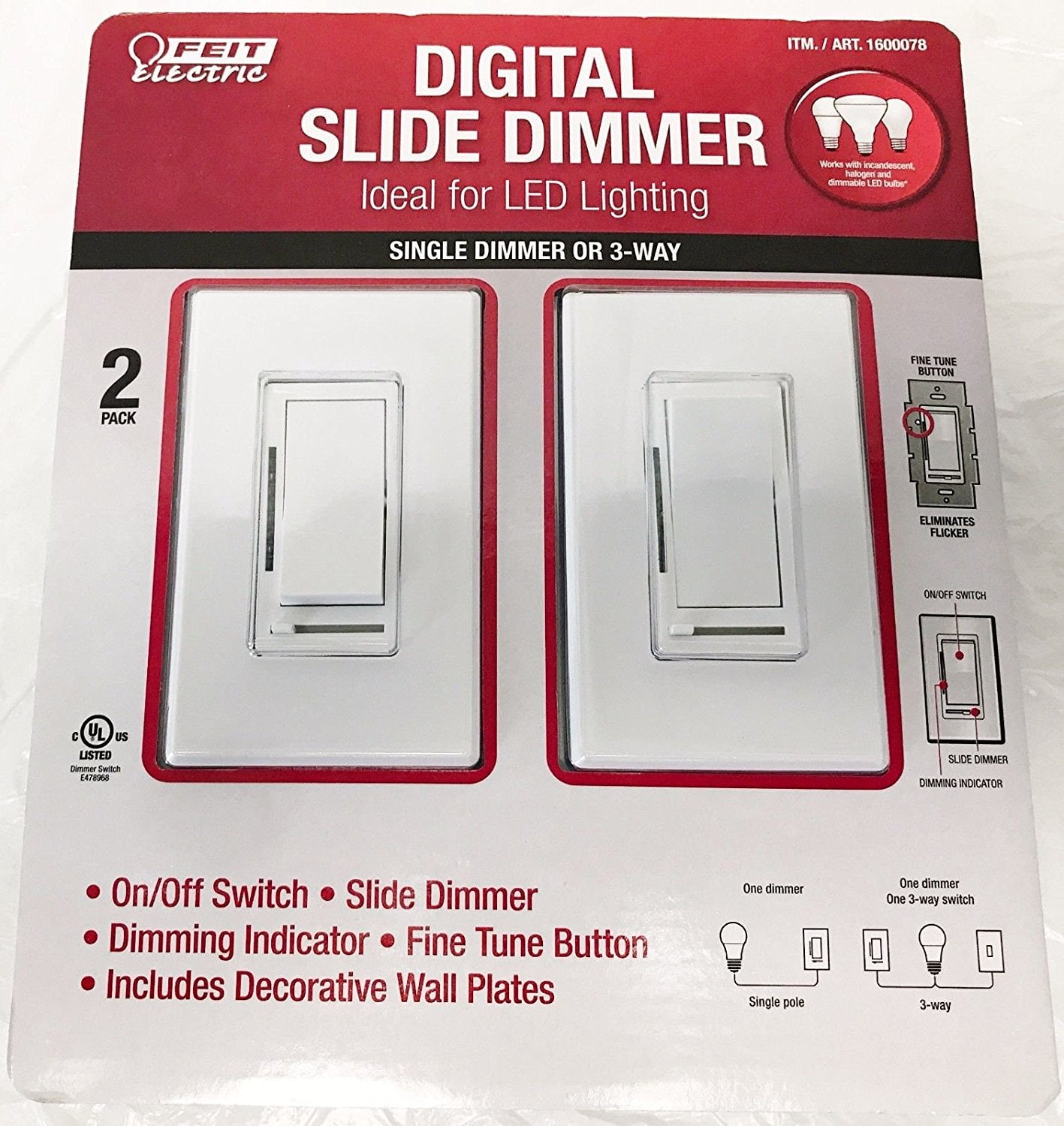 Feit Electric Digital Slide Dimmer Ideal for LED Lighting 2 Pack NEW
