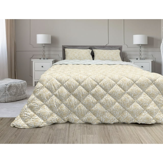 Contemporary Comforter & Sham Bedding Set, Art Deco Style Floral Pattern with Roses Romantic Abstract Bouquet Garden, 3 pcs Duvet Set Microfiber Filling Quilt, 5 Sizes, Peach and White, by Ambesonne