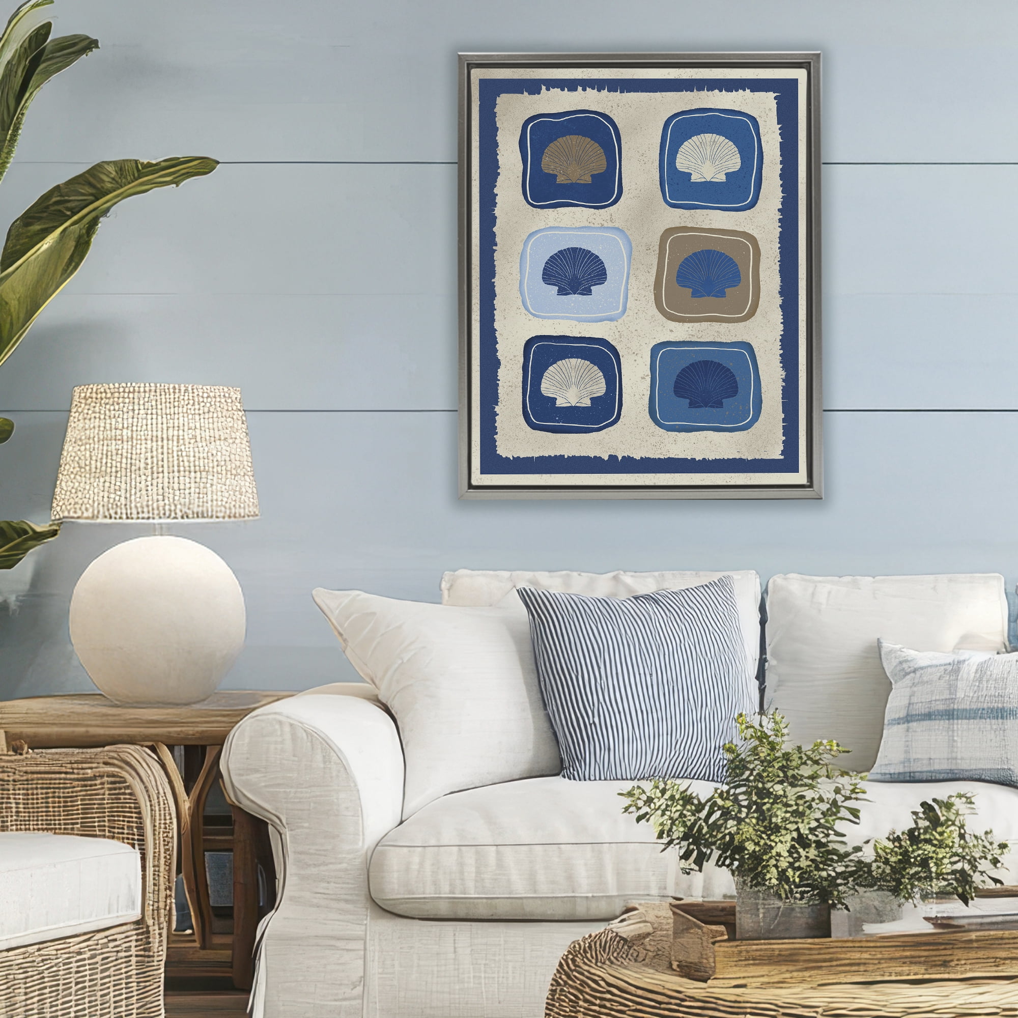 Stupell Industries Nautical Block Shells Gray Framed Floater Canvas Wall Art, design by Julia Frost