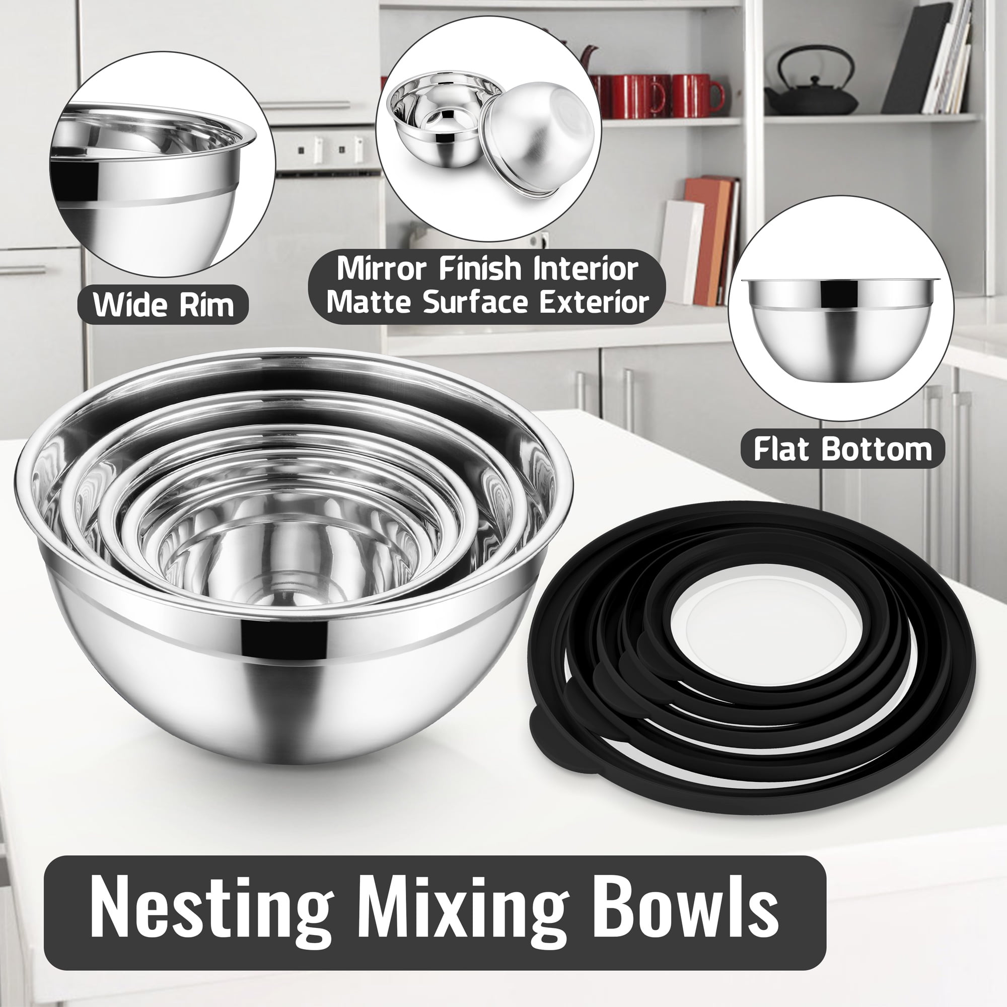 Vesteel Mixing Bowls with Lids Set of 5, Stainless Steel Prep Bowls with Upgraded Airtight Visible Lid, Metal Nesting Bowl Attach with 3 Graters for Kitchen Grating/ Shredding / Mixing - Black