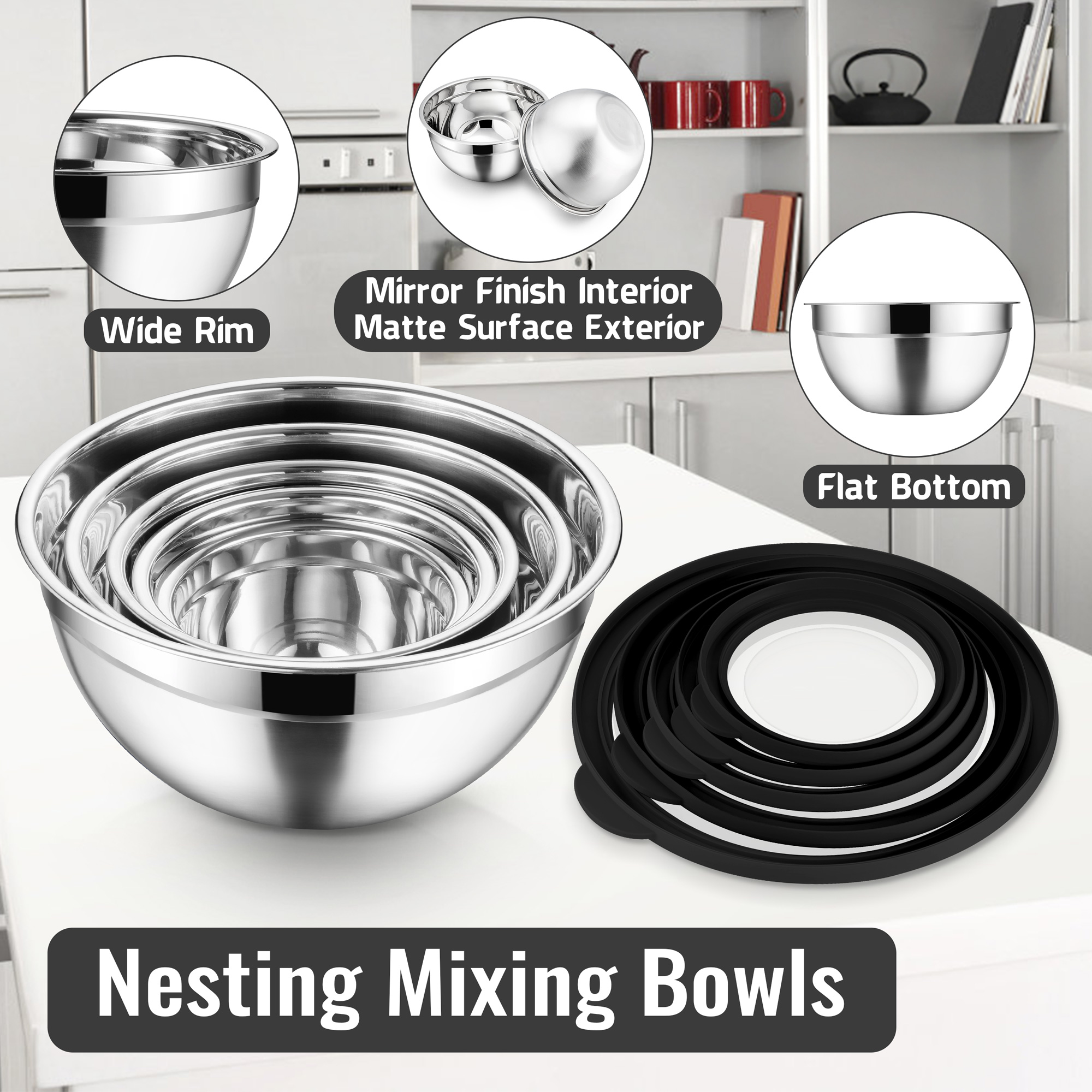 Vesteel 5-Piece Mixing Bowl Set with Graters and Lids, Black photo 2