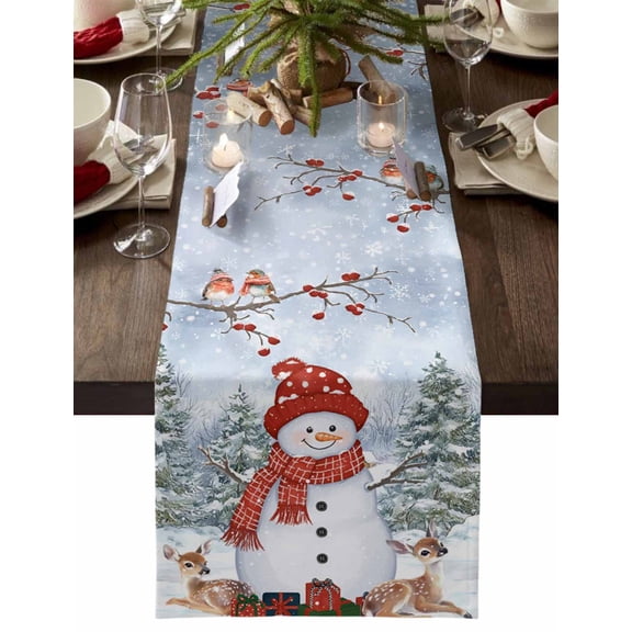 Christmas Table Runner Snowman Deer Table Runners Birds Red Berry Christmas Tree Cotton Linen Dresser Scarf Kitchen Dining Table Decor for Christmas Holiday Party Decor 13x72 Inch