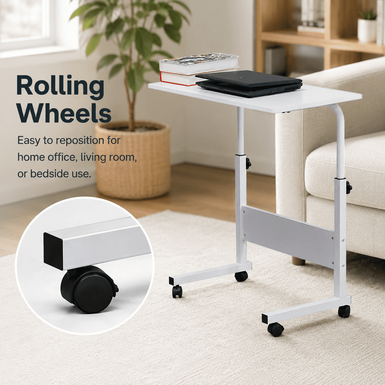 Alvantor Rolling Laptop Table, Height Adjustable, Removable Design, Wheels and Baffle Panel, White, Large, 31.5 x 15.75 in