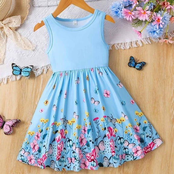 JUoaLXG Baby Girls Casual Dresses Summer Sleeveless Buterfly Floral Princess Smocked Waist Dress Sportwear,Blue,1-2 Years