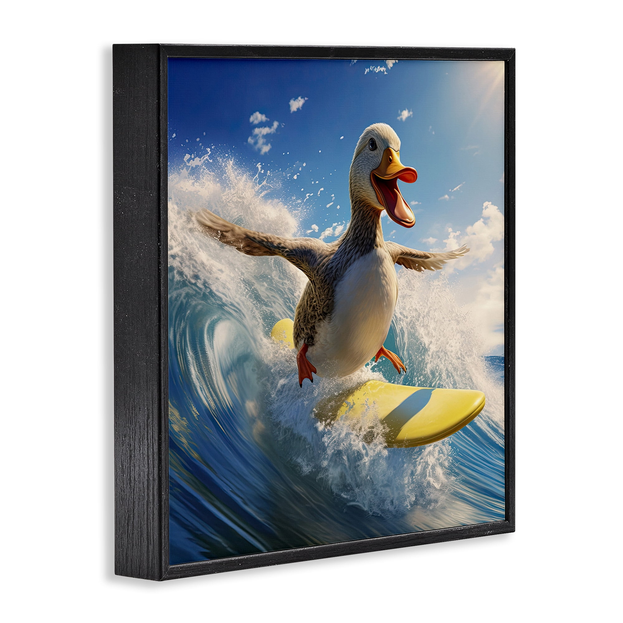 Stupell Industries Happy Surfing Duck Coastal Painting Black Framed Art Print Wall Art, 24 x 24