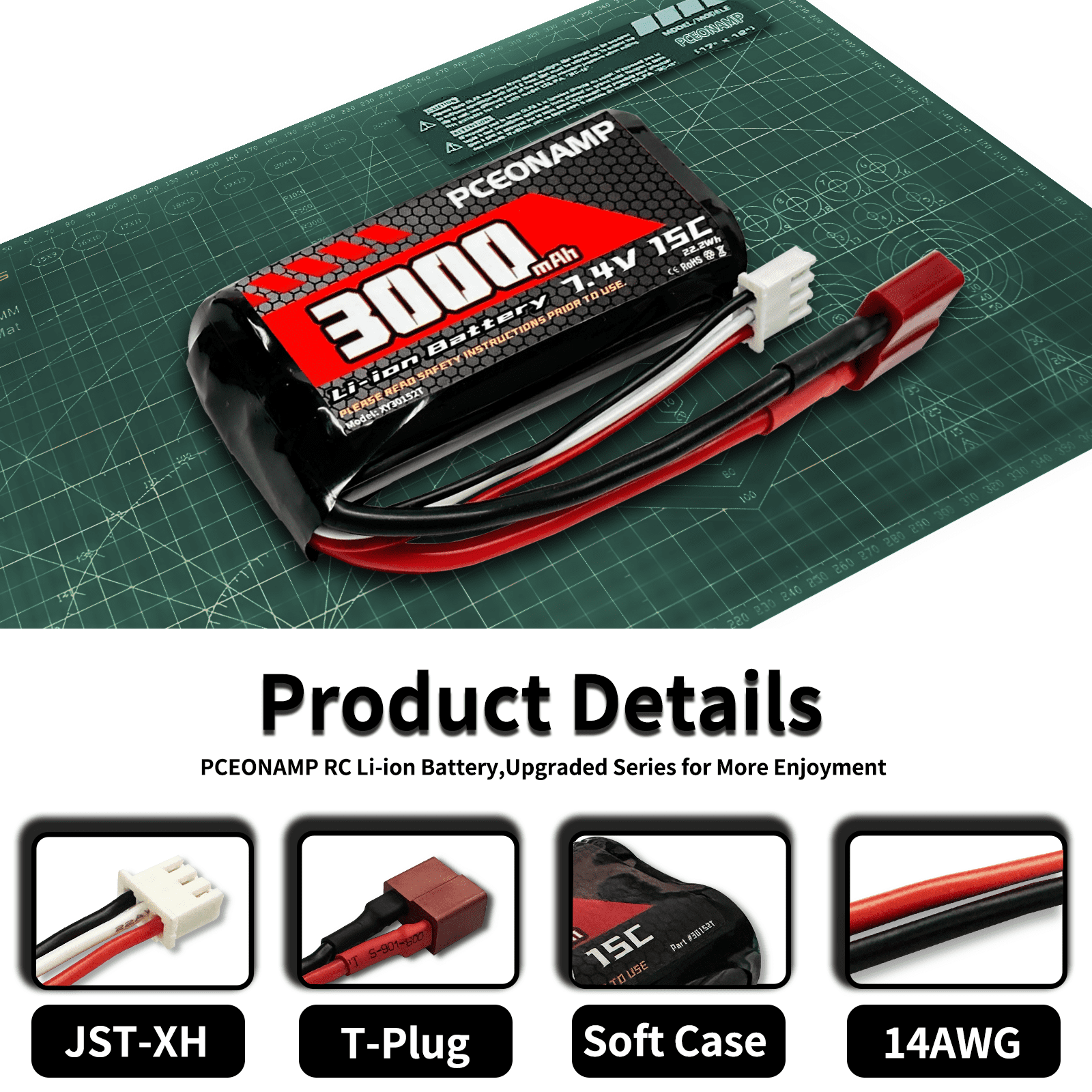 7.4V Li-ion Battery 3000mAh 2S with T Plug Rechargeable High Capacity RC Battery Fit for WLtoys 4WD High Speed RC Cars and Most 1/10, 1/12, 1/16 Scale RC Cars Trucks with 2 USB Chargers