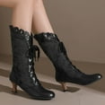thumbnail image 2 of Victorian Boots for Women Vintage Ruffles Goth Mid Calf Booties Mid Heels Lace up Halloween Witch Dance Shoes, 2 of 7