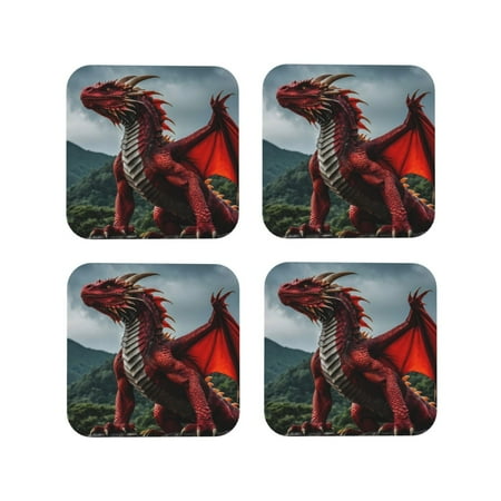 

Honeii Majestic Red Dragon Print Leather Coaster Set of 4 Ideal for Safeguarding Your Furniture from Drinks Spills and Effortless Cleanup-Square