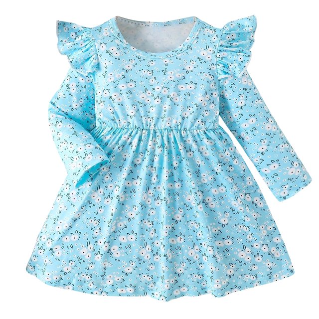 Robe à Manches Longues pour Filles Funicet, Robe à Manches Longues, Nouvelle Robe à Manches Volantées Imprimée à Motif Floral à Col Rond pour Filles, Robe de Fête à Manches Longues