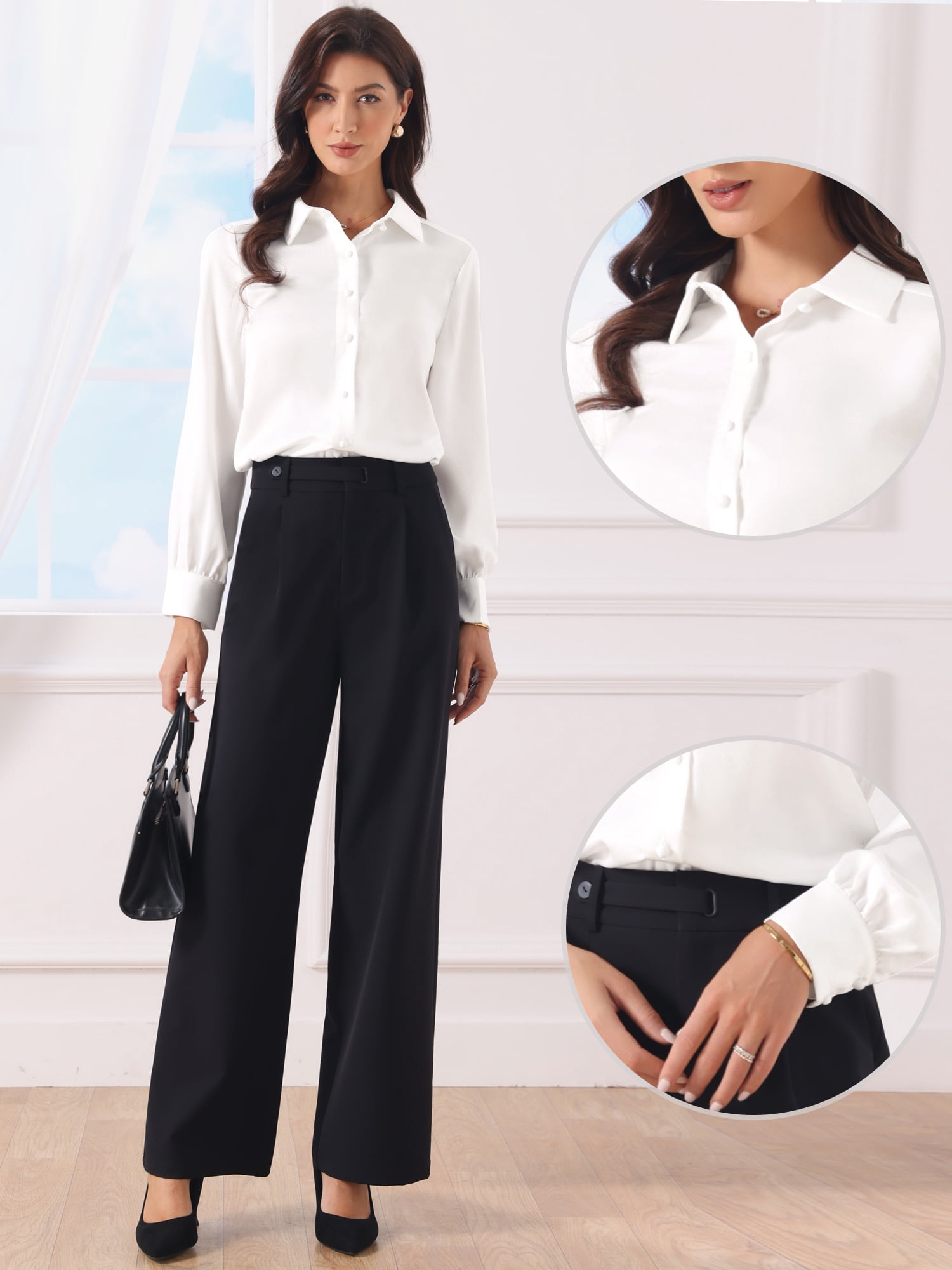 DARING DIVA Women's Work Silk Satin Button Down Long Sleeve Tops Blouse XL White
