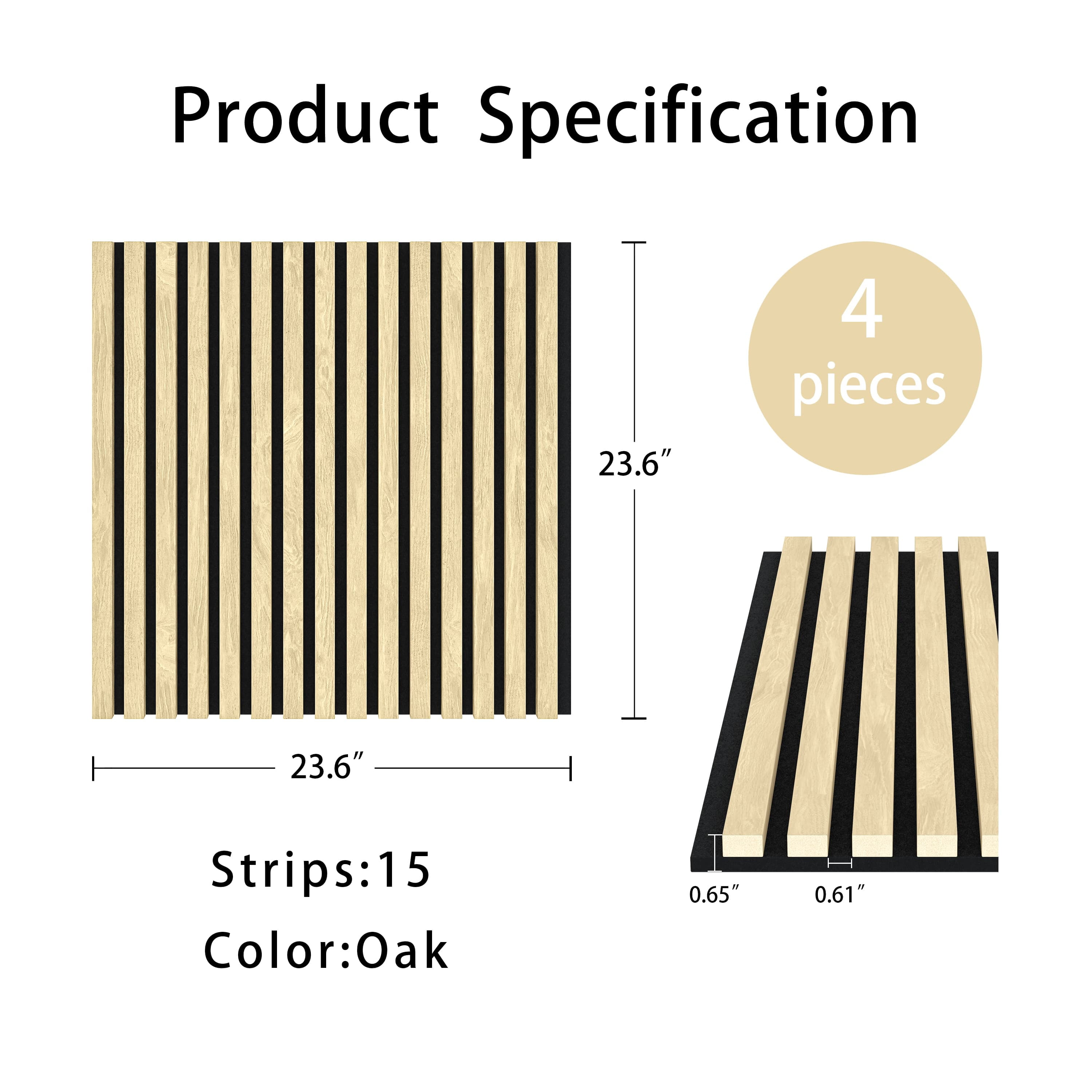 24"x24" Acoustic Slat Wood Wall Panel 3D Slatted Wall Panels 4Pcs,Natural