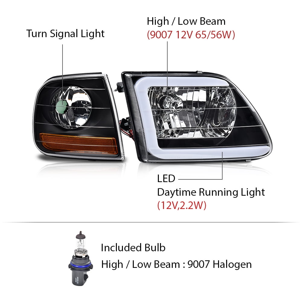 PIT66 LED DRL Headlights & Corner Lights Black Fit for F-150 Expedition 1997-2004