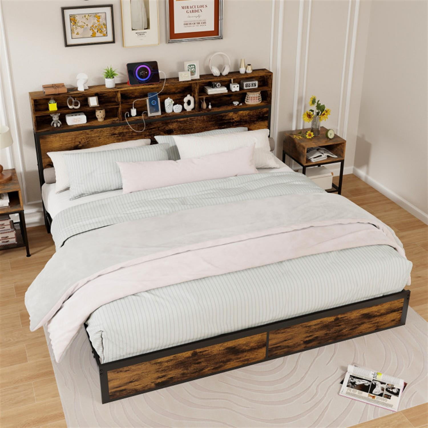 Demi Bonn King Size Bed Frame with Wooden Headboard and Footboard, Industrial Metal Platform Bed Frame with Under Bed Storage, No Box Spring Needed, Brown