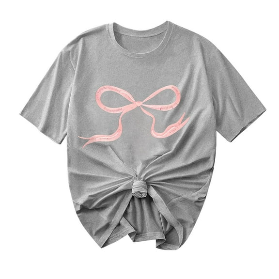 Erwazi Valentine's Day Bow Pattern T-Shirt for Women Casual Crewneck Short Sleeve Tee Top
