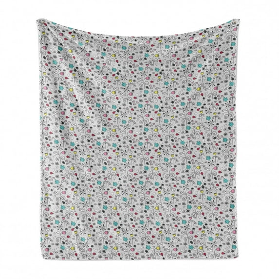 Garden Art Soft Flannel Fleece Throw Blanket, Doodle Style Drawing of Natural Elements Ladybugs Flowers Leaves with Hearts, Cozy Plush for Indoor and Outdoor Use, 60" x 80", Multicolor, by Ambesonne