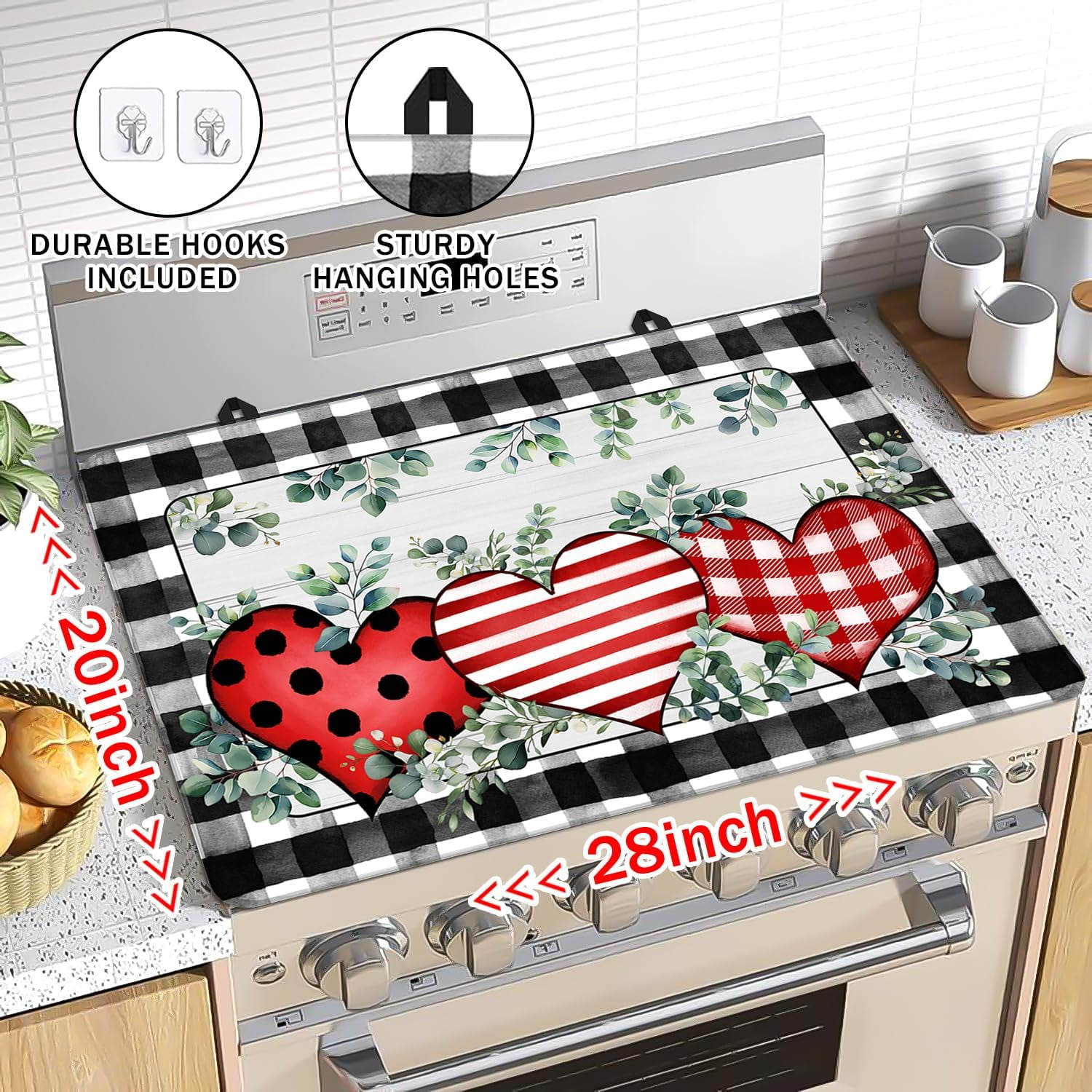 Valentines Day Stove Top Cover Love Heart Gas Stove Top Cover for Home Decoration Kitchen Pad Eucalyptus Leaves Non-Stick Washable Cooktop Covers Countertop Protector Keep Stove Clean Black